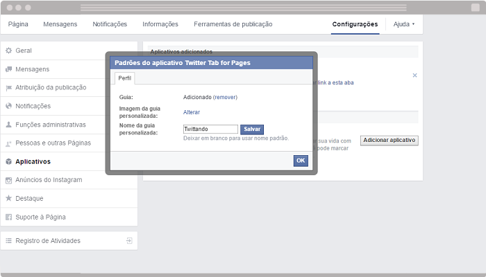 Exemplo de personalização de aplicativo Facebook